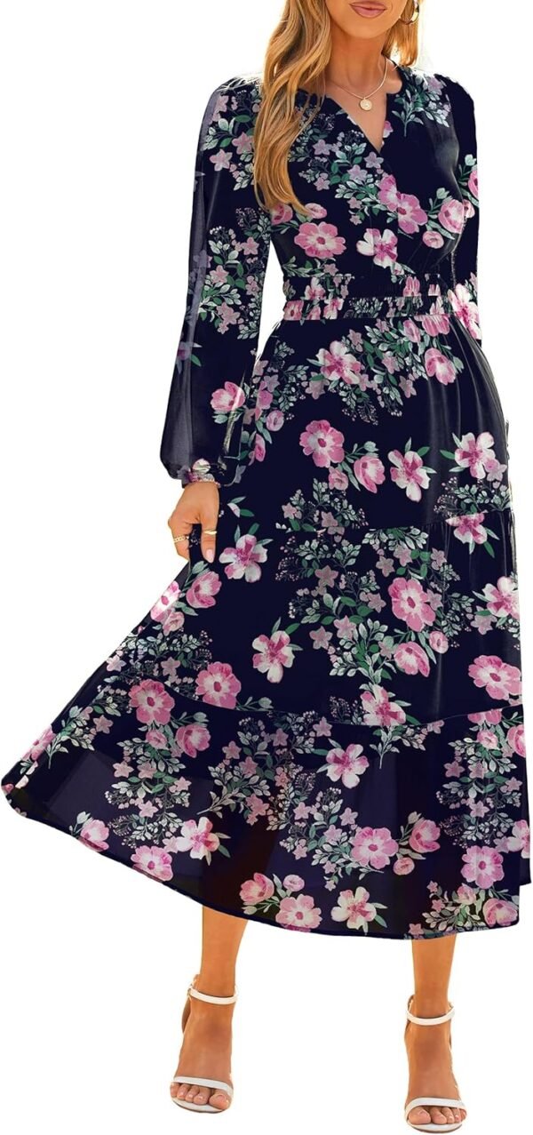 Women's Floral Boho Long Sleeve Maxi Dress V Neck Empire Waist Swing Flowy Wedding Guest Dress