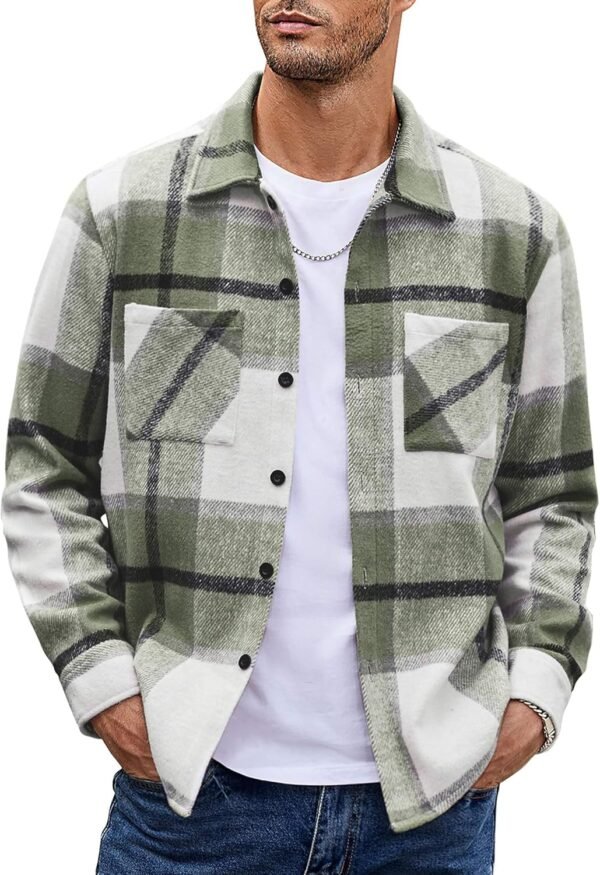Men's Flannel Shirts Casual Button Down Plaid Shirt Jacket Long Sleeve Fleece Shacket with Pockets