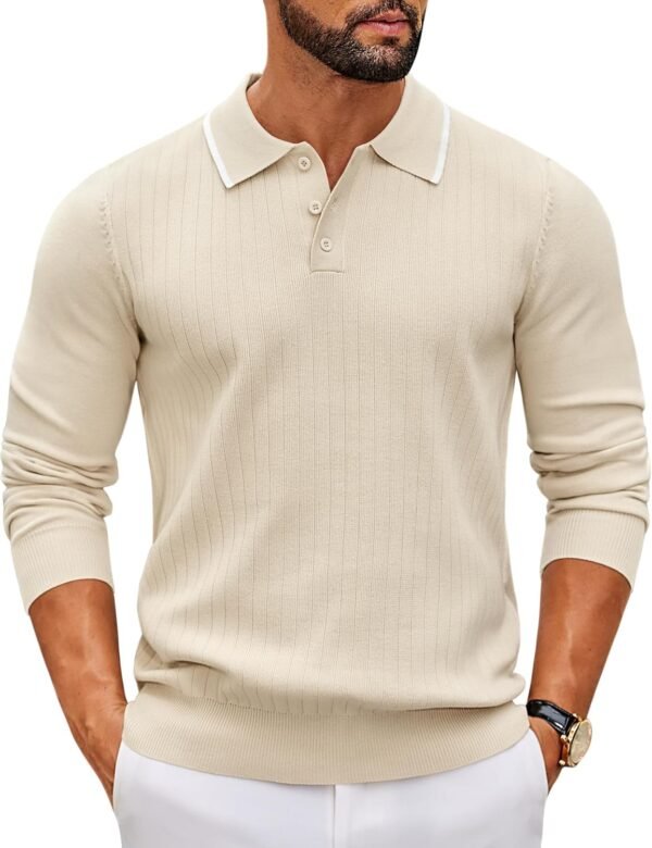 Men's Knit Polo Sweater Casual Long Sleeve Polo Sweater Lightweight Button Down Golf Pullover Sweaters