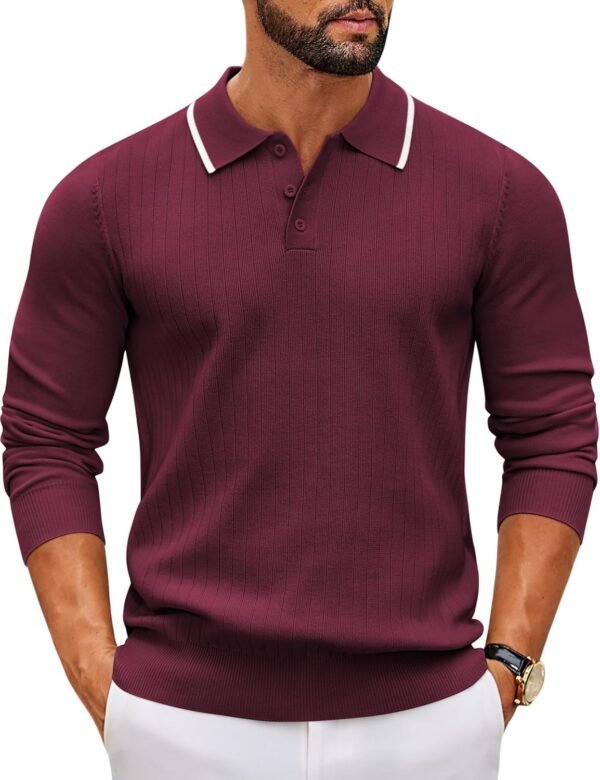Men's Knit Polo Sweater Casual Long Sleeve Polo Sweater Lightweight Button Down Golf Pullover Sweaters