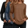 Women's Long Sleeve Shirts, Cotton Crew Neck Tunic Tops Casual Loose Fit Pullover Sweatshirts Curved Hem Shirts