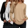 Women's Long Sleeve Shirts, Cotton Crew Neck Tunic Tops Casual Loose Fit Pullover Sweatshirts Curved Hem Shirts