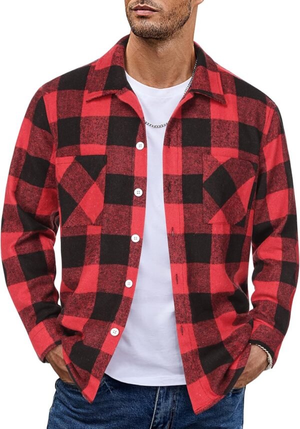 Men's Flannel Shirts Casual Button Down Plaid Shirt Jacket Long Sleeve Fleece Shacket with Pockets