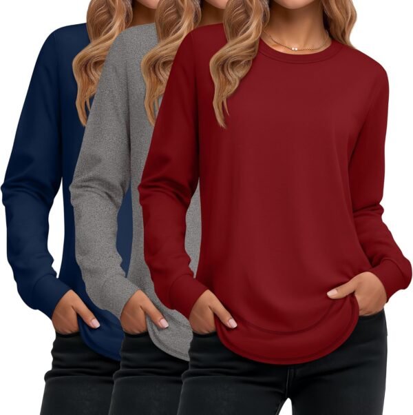 Women's Long Sleeve Shirts, Cotton Crew Neck Tunic Tops Casual Loose Fit Pullover Sweatshirts Curved Hem Shirts