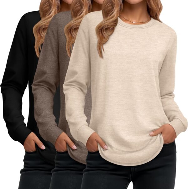Women's Long Sleeve Shirts, Cotton Crew Neck Tunic Tops Casual Loose Fit Pullover Sweatshirts Curved Hem Shirts