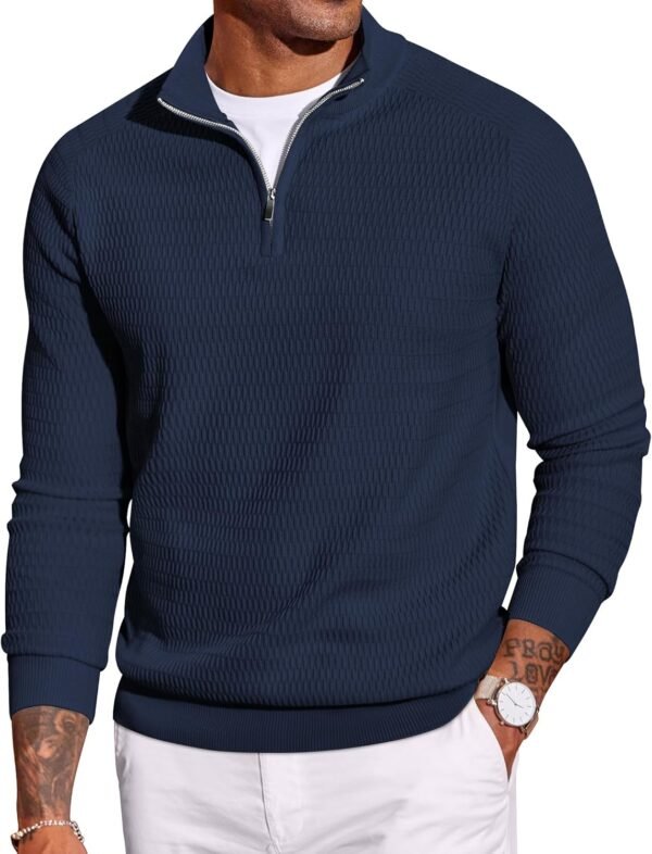 Men's Quarter Zip Sweater Slim Fit Lightweight Mock Neck Pullover Knit Texture Polo Sweaters