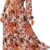 Women's Floral Boho Long Sleeve Maxi Dress V Neck Empire Waist Swing Flowy Wedding Guest Dress