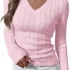 Womens Long Sleeve Cable Knit Sweater 2025 Fall Fashion V Neck Fitted Pullover Top Business Casual Work Fall Outfits