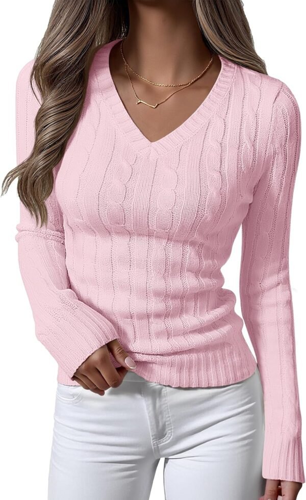 Womens Long Sleeve Cable Knit Sweater 2025 Fall Fashion V Neck Fitted Pullover Top Business Casual Work Fall Outfits