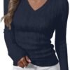 Womens Long Sleeve Cable Knit Sweater 2025 Fall Fashion V Neck Fitted Pullover Top Business Casual Work Fall Outfits