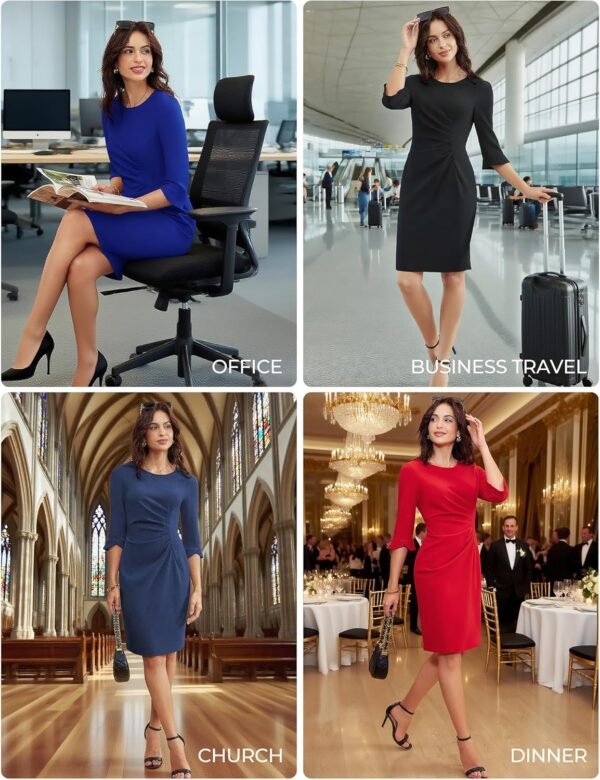 Work Dresses for Women 2025 3/4 Sleeve Sheath Business Dress Ruched Bodycon Office Cocktail Dress