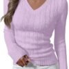 Womens Long Sleeve Cable Knit Sweater 2025 Fall Fashion V Neck Fitted Pullover Top Business Casual Work Fall Outfits