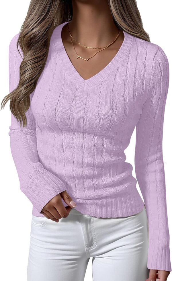 Womens Long Sleeve Cable Knit Sweater 2025 Fall Fashion V Neck Fitted Pullover Top Business Casual Work Fall Outfits