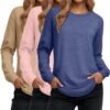 Women's Long Sleeve Shirts, Cotton Crew Neck Tunic Tops Casual Loose Fit Pullover Sweatshirts Curved Hem Shirts