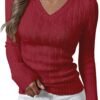 Womens Long Sleeve Cable Knit Sweater 2025 Fall Fashion V Neck Fitted Pullover Top Business Casual Work Fall Outfits