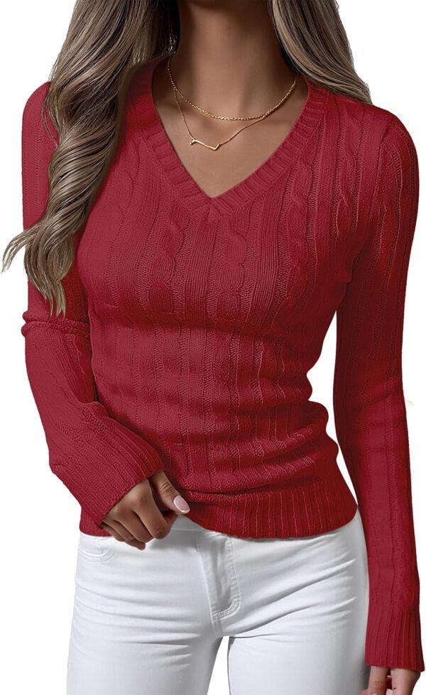 Womens Long Sleeve Cable Knit Sweater 2025 Fall Fashion V Neck Fitted Pullover Top Business Casual Work Fall Outfits