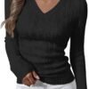 Womens Long Sleeve Cable Knit Sweater 2025 Fall Fashion V Neck Fitted Pullover Top Business Casual Work Fall Outfits