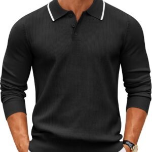 Men's Knit Polo Sweater Casual Long Sleeve Polo Sweater Lightweight Button Down Golf Pullover Sweaters