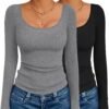 Long Sleeve Shirts for Womens Scoop Neck Tops Slim Fit Undershirts Basic Thermal Tee Shirt