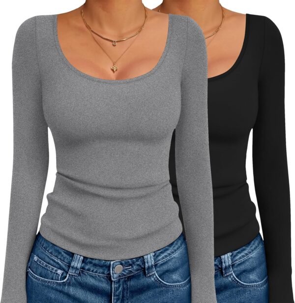 Long Sleeve Shirts for Womens Scoop Neck Tops Slim Fit Undershirts Basic Thermal Tee Shirt