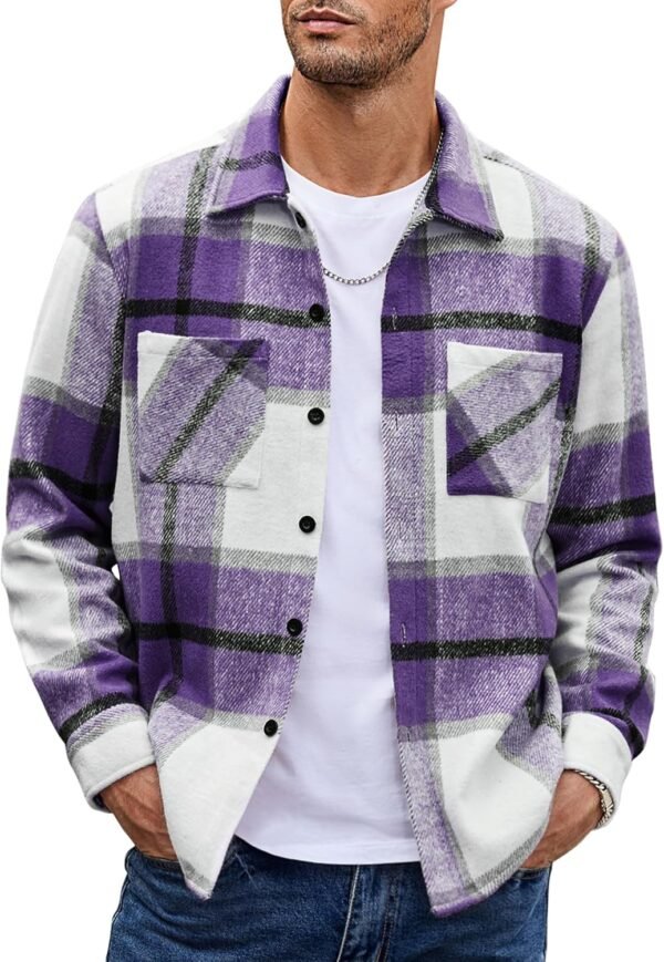 Men's Flannel Shirts Casual Button Down Plaid Shirt Jacket Long Sleeve Fleece Shacket with Pockets