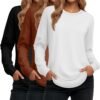 Women's Long Sleeve Shirts, Cotton Crew Neck Tunic Tops Casual Loose Fit Pullover Sweatshirts Curved Hem Shirts