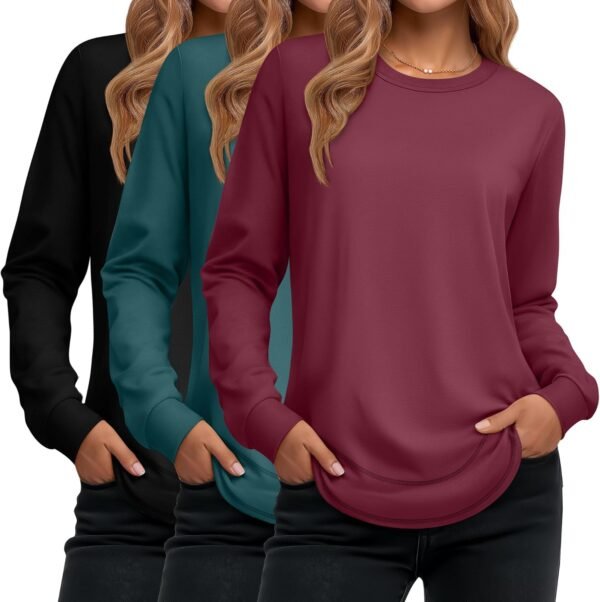 Women's Long Sleeve Shirts, Cotton Crew Neck Tunic Tops Casual Loose Fit Pullover Sweatshirts Curved Hem Shirts