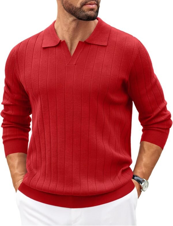 81qAcj2QdgL._AC_SL1500 Mens Sweaters Polos Long Sleeve V Neck Knit Polo Lightweight Casual Pullover Sweater