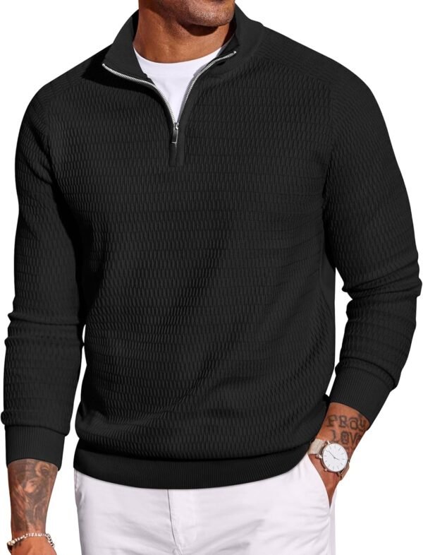 Men's Quarter Zip Sweater Slim Fit Lightweight Mock Neck Pullover Knit Texture Polo Sweaters
