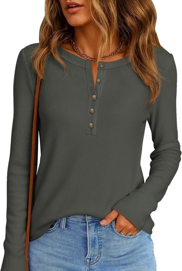 Women Long Sleeve Waffle Knit Shirts 2025 Fall Casual Button V Neck Loose Henley Tops Basic Tees Winter Clothes