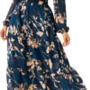 Women's Floral Boho Long Sleeve Maxi Dress V Neck Empire Waist Swing Flowy Wedding Guest Dress
