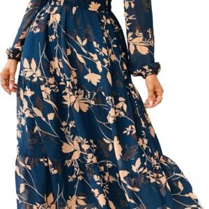 Women's Floral Boho Long Sleeve Maxi Dress V Neck Empire Waist Swing Flowy Wedding Guest Dress