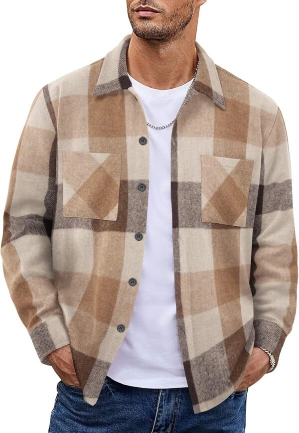 Men's Flannel Shirts Casual Button Down Plaid Shirt Jacket Long Sleeve Fleece Shacket with Pockets