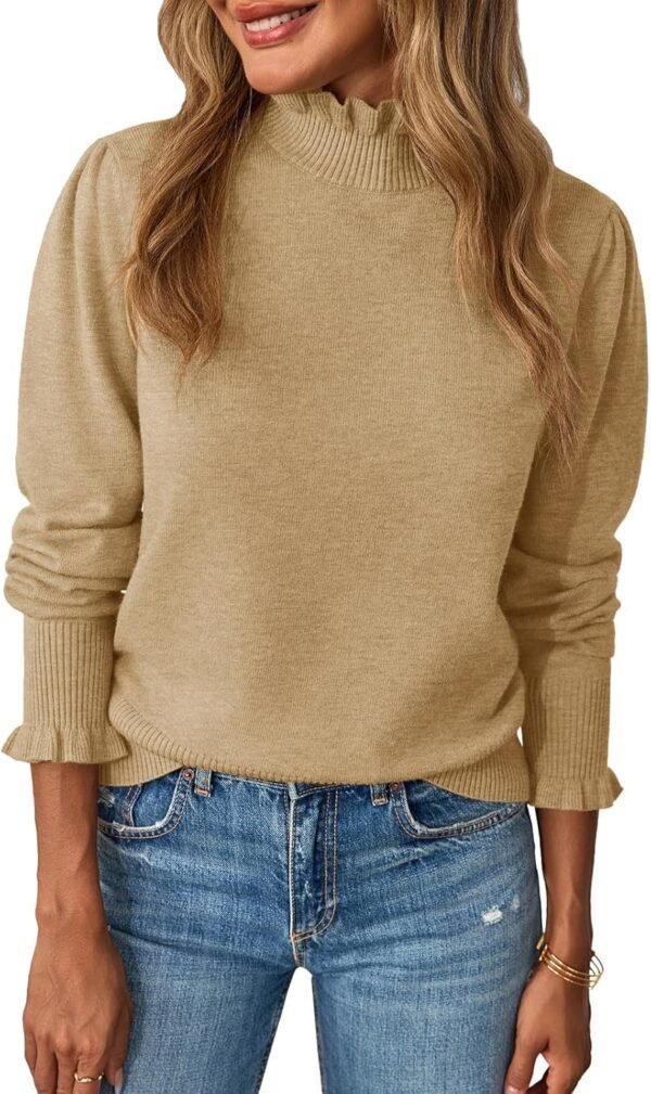 81rtwOIWo4L._AC_SL1500 Womens Ruffle Mock Neck Sweater Puff Long Sleeve Fall Soft Knit Casual Pullover Sweaters Top