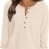 Women Long Sleeve Waffle Knit Shirts 2025 Fall Casual Button V Neck Loose Henley Tops Basic Tees Winter Clothes