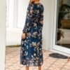 Women's Floral Boho Long Sleeve Maxi Dress V Neck Empire Waist Swing Flowy Wedding Guest Dress