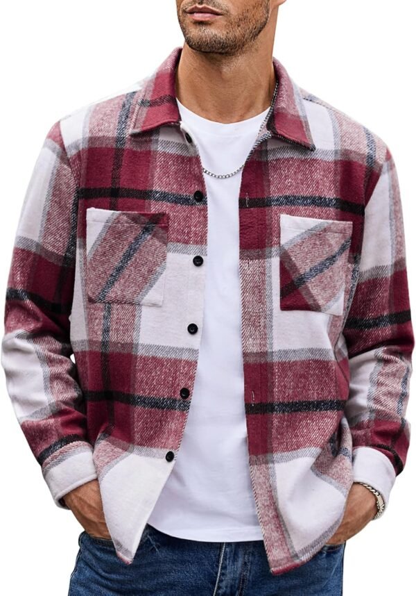 Men's Flannel Shirts Casual Button Down Plaid Shirt Jacket Long Sleeve Fleece Shacket with Pockets