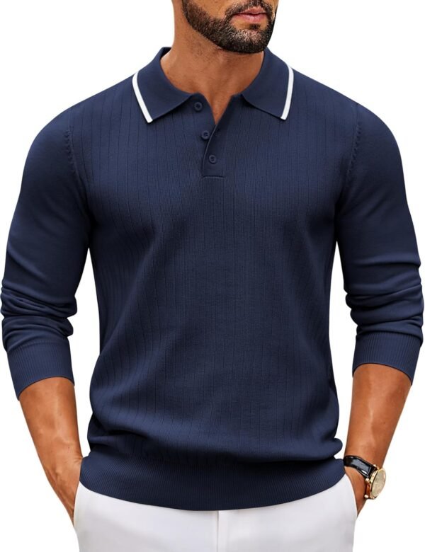 Men's Knit Polo Sweater Casual Long Sleeve Polo Sweater Lightweight Button Down Golf Pullover Sweaters
