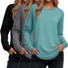 Women's Long Sleeve Shirts, Cotton Crew Neck Tunic Tops Casual Loose Fit Pullover Sweatshirts Curved Hem Shirts