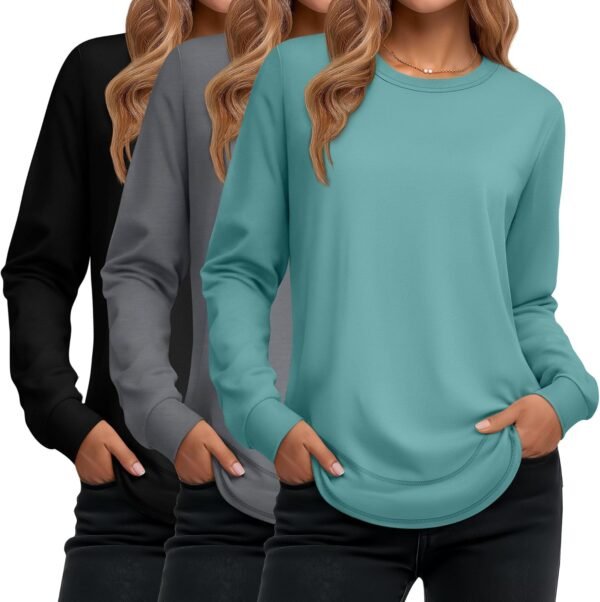 Women's Long Sleeve Shirts, Cotton Crew Neck Tunic Tops Casual Loose Fit Pullover Sweatshirts Curved Hem Shirts