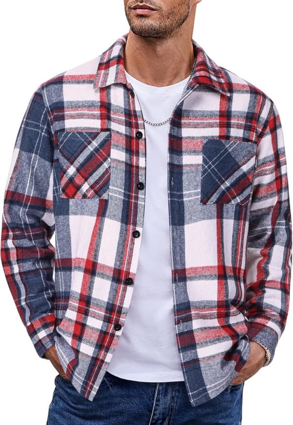 Men's Flannel Shirts Casual Button Down Plaid Shirt Jacket Long Sleeve Fleece Shacket with Pockets