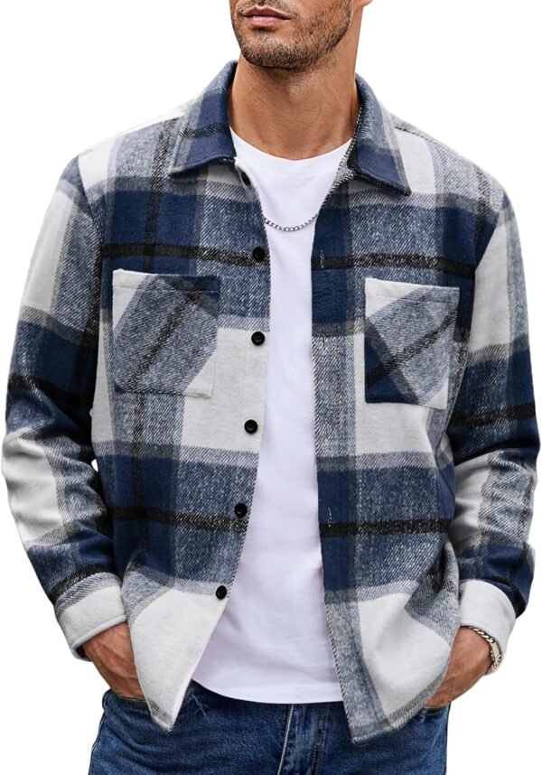 Men's Flannel Shirts Casual Button Down Plaid Shirt Jacket Long Sleeve Fleece Shacket with Pockets