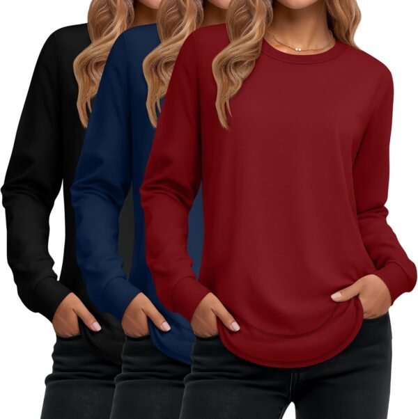 Women's Long Sleeve Shirts, Cotton Crew Neck Tunic Tops Casual Loose Fit Pullover Sweatshirts Curved Hem Shirts