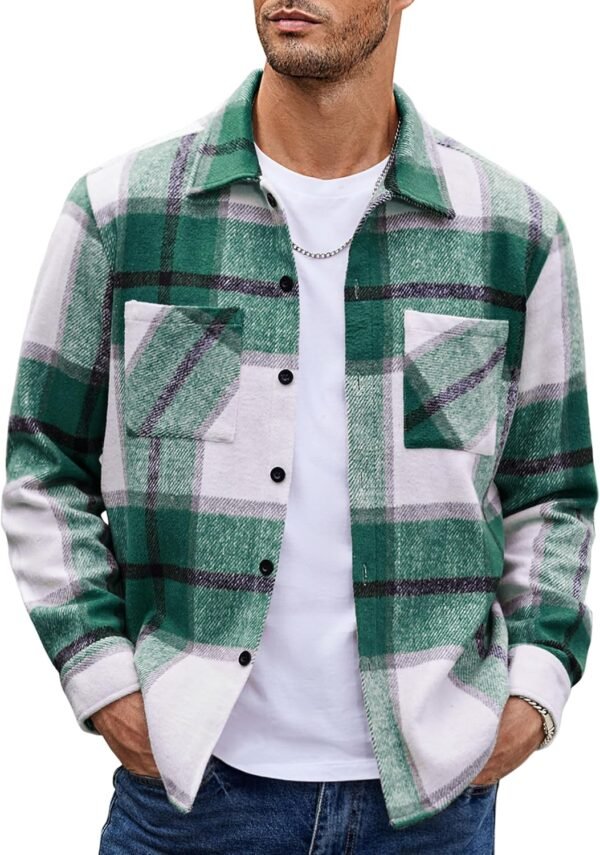 Men's Flannel Shirts Casual Button Down Plaid Shirt Jacket Long Sleeve Fleece Shacket with Pockets