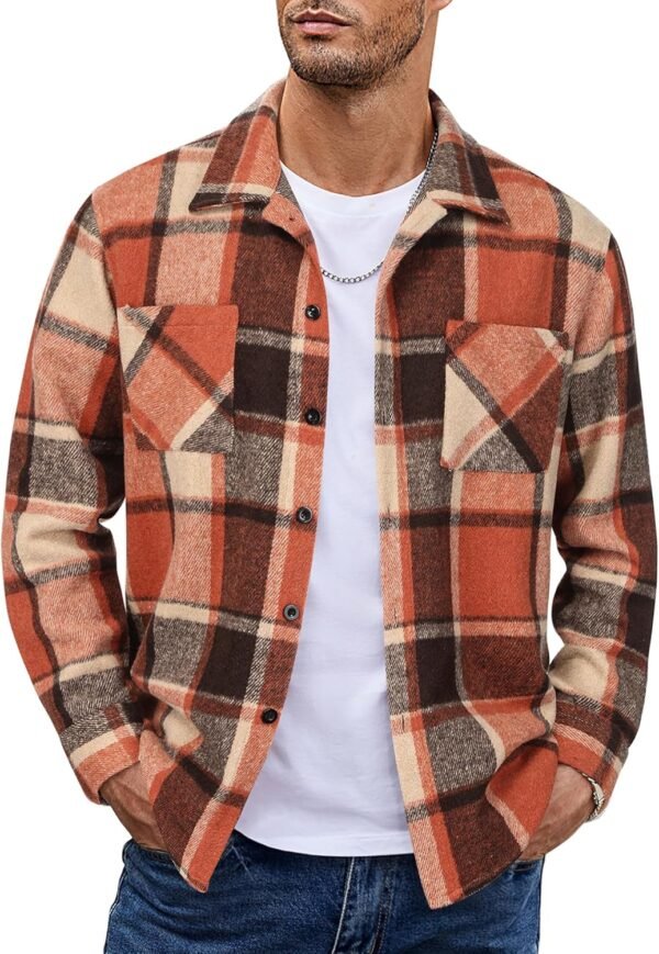 Men's Flannel Shirts Casual Button Down Plaid Shirt Jacket Long Sleeve Fleece Shacket with Pockets