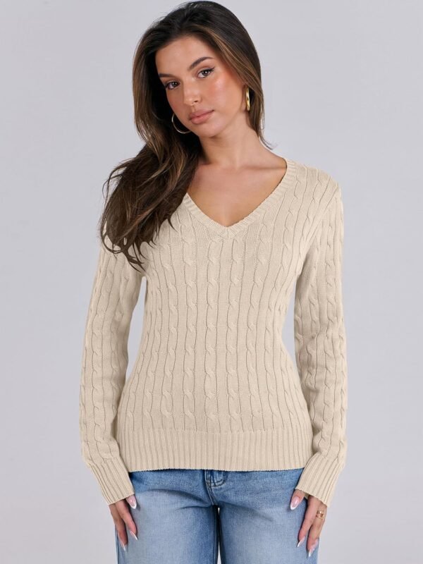 Womens Long Sleeve Cable Knit Sweater 2025 Fall Fashion V Neck Fitted Pullover Top Business Casual Work Fall Outfits