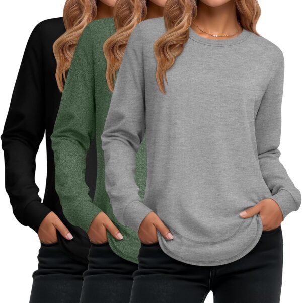 Women's Long Sleeve Shirts, Cotton Crew Neck Tunic Tops Casual Loose Fit Pullover Sweatshirts Curved Hem Shirts