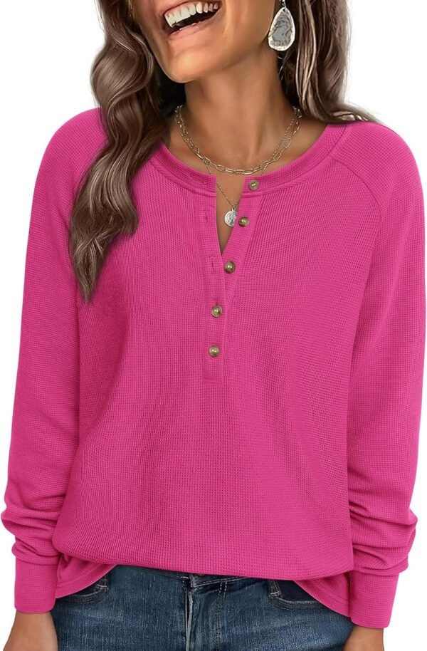 Women Long Sleeve Waffle Knit Shirts 2025 Fall Casual Button V Neck Loose Henley Tops Basic Tees Winter Clothes