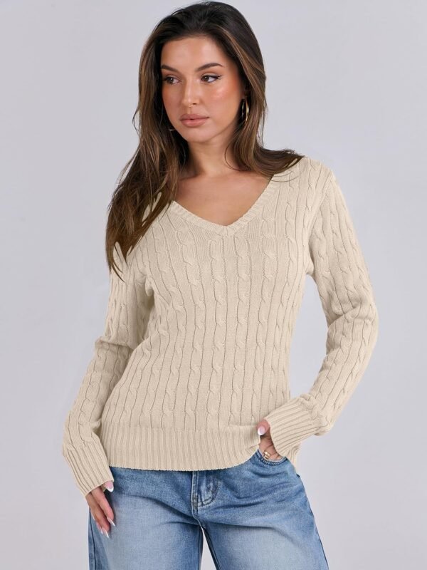 Womens Long Sleeve Cable Knit Sweater 2025 Fall Fashion V Neck Fitted Pullover Top Business Casual Work Fall Outfits