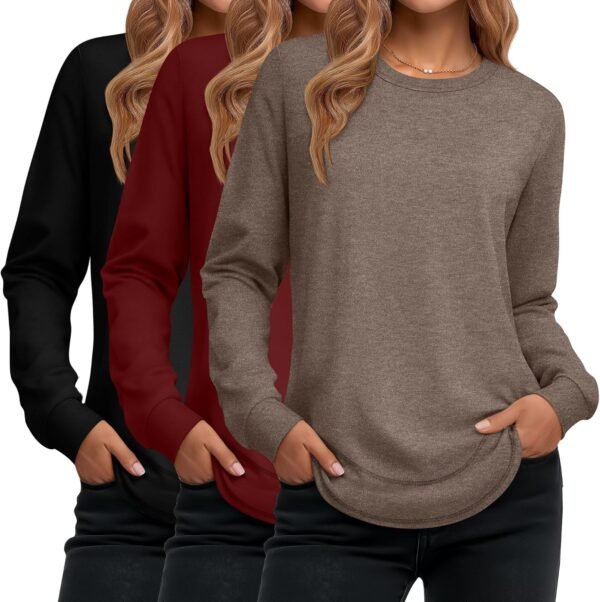 Women's Long Sleeve Shirts, Cotton Crew Neck Tunic Tops Casual Loose Fit Pullover Sweatshirts Curved Hem Shirts